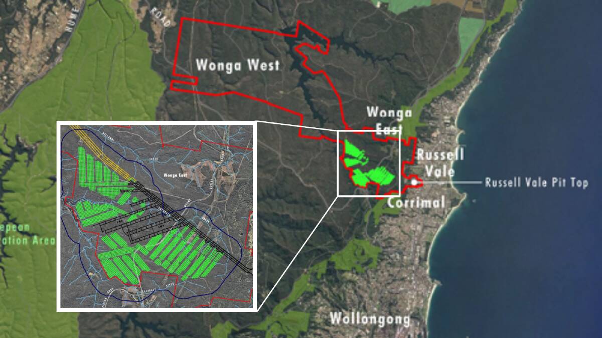 Green blocks indicate where coal is cut under the current approval, west of Russell Vale. Black lines are former longwall panels. Map from Wollongong Coal's revised preferred project mine plan.