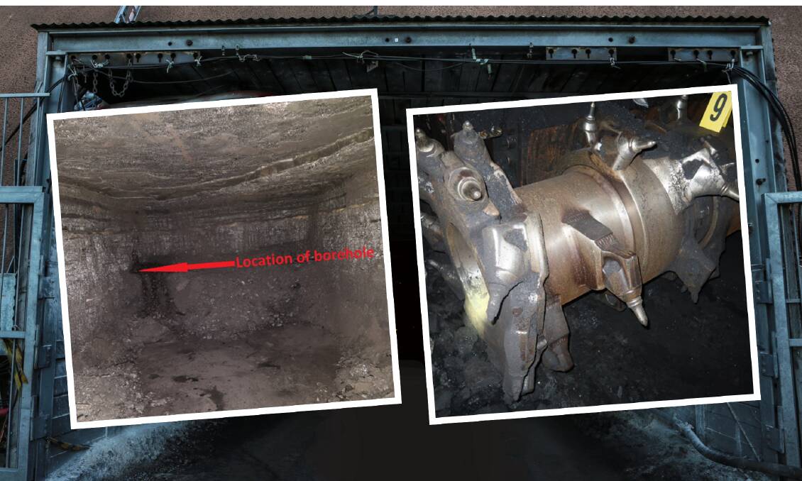 Pictures from the 2023 investigation show the detail of the ignition incident. Left: the gas escaped from this borehole. Right: the continuous mining machine from where the spark came. Pictures from NSW Resources Regulator.