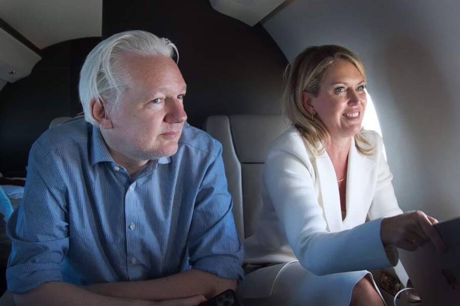 Julian Assange and Jennifer Robinson en route in a chartered plane this week. Picture supplied, Facebook/Benny Wenda