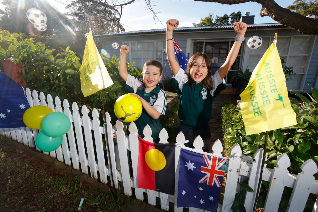 Football players and fans Xavier Guevara, 7, and Macey Guevara, 9, have decorated their Ramah Ave front yard for the Matildas. Picture: Anna Warr