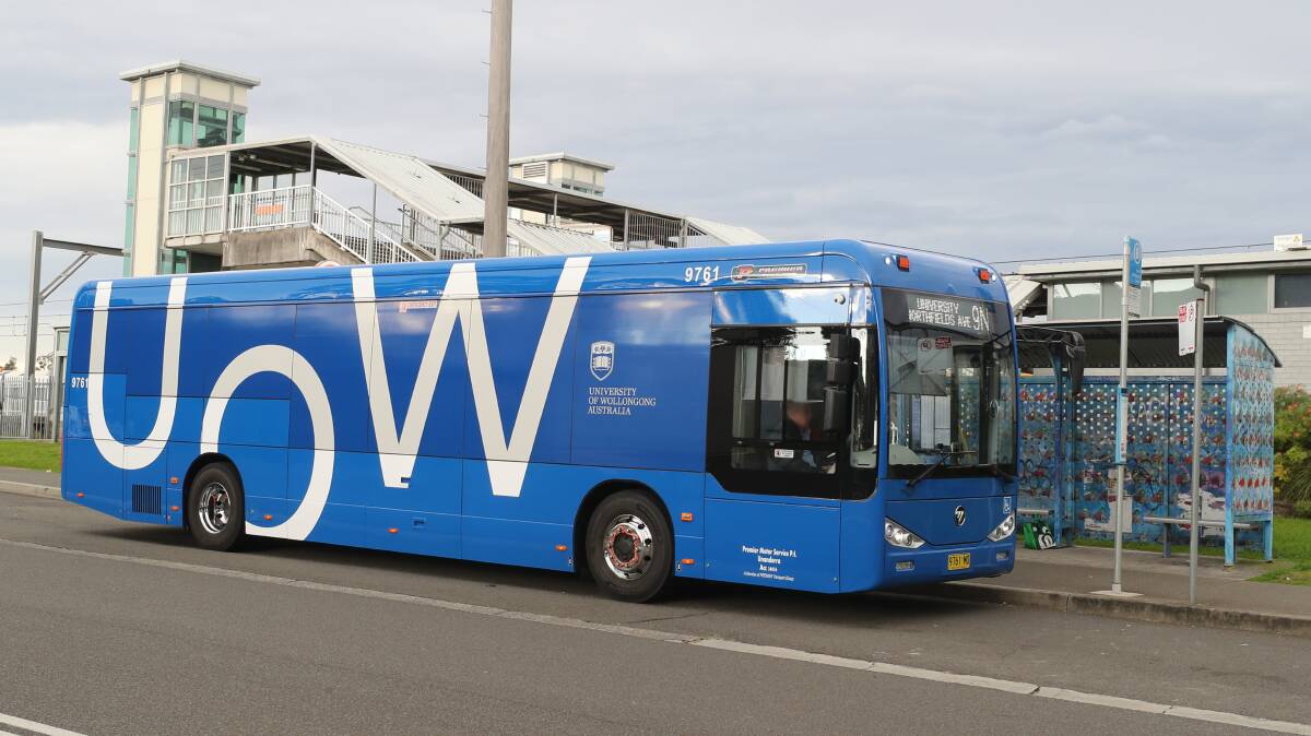 One of UOW's shiny new electric buses at North Wollongong station on Tuesday. Picture by Robert Peet