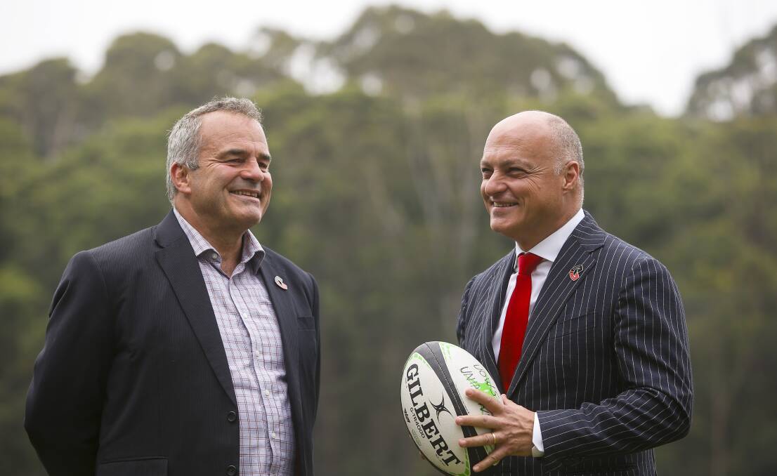 Then UOW deputy V-C for global strategy Alex Frino (right) announcing a partnership with CEO of the Crusaders rugby union franchise Colin Mansbridge in 2022. Picture by Anna Warr.