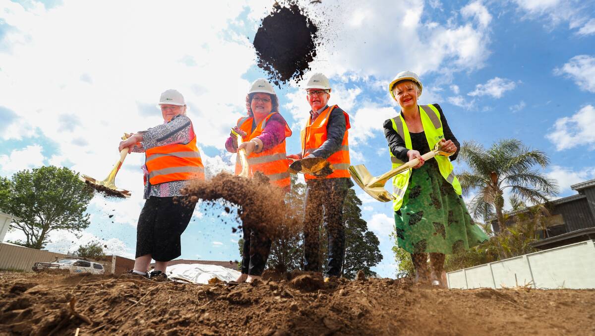 Housing Trust chief operating officer Amanda Winks, right, with Housing Trust tenant Lyn Bailey, Wollongong deputy mayor Tania Brown, and Housing Trust chair Roy Rogers at the site of a Dapto affordable housing project in 2023. File picture by Adam McLean
