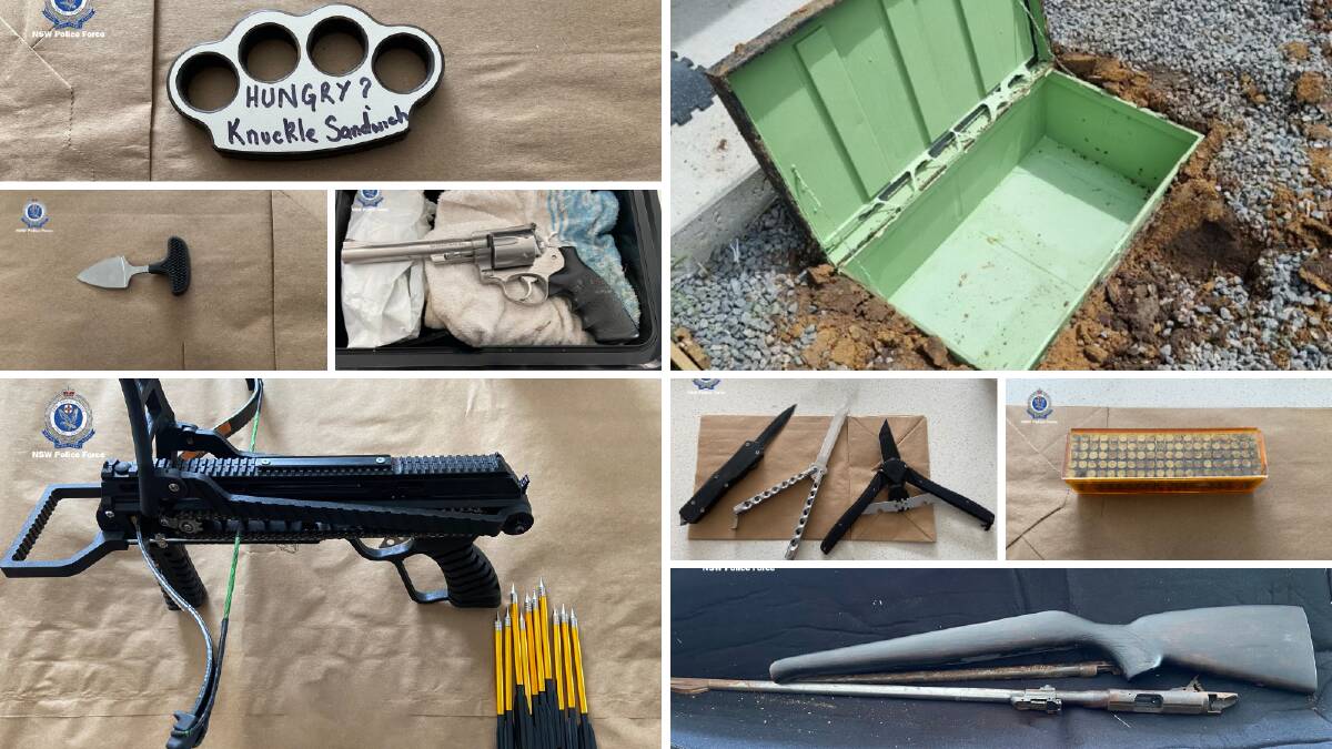 The weapons found at a Buxton home, and one of the boxes in which they were found. Pictures from NSW Police Force