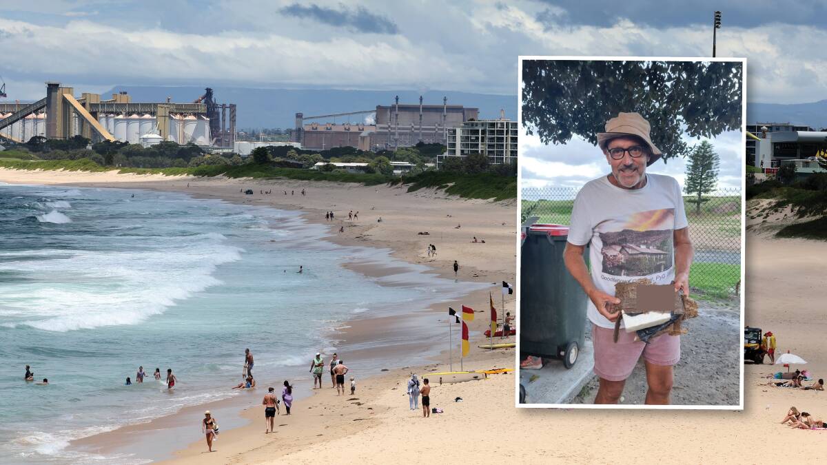 Wollongong City Beach and, inset, Dr Rob Goodfellow with the brick of what is suspected to be cocaine, which he found washed up on shore. File picture by Sylvia Liber; picture supplied by Dr Rob Goodfellow