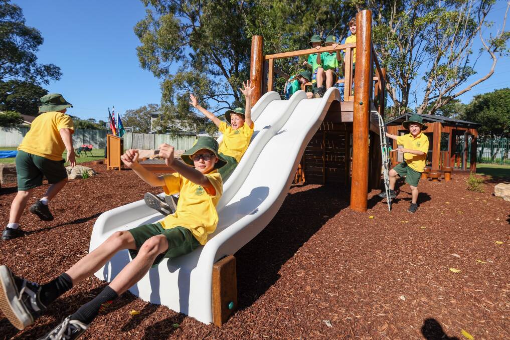 Students try out the new nature playground at Minnamurra Public School. Picture by Adam McLean
