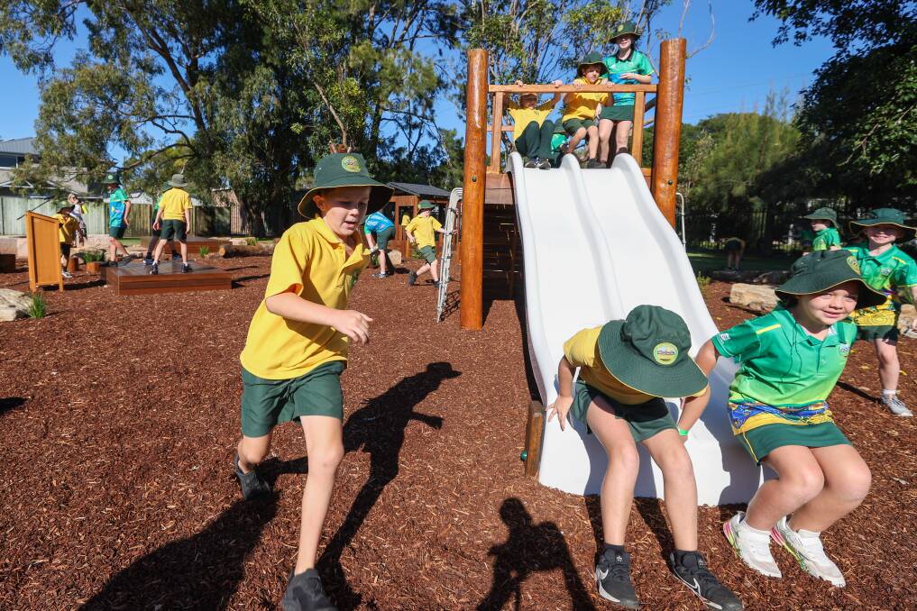 Minnamurra Public School students playing in their new nature playground. Picture by Adam McLean