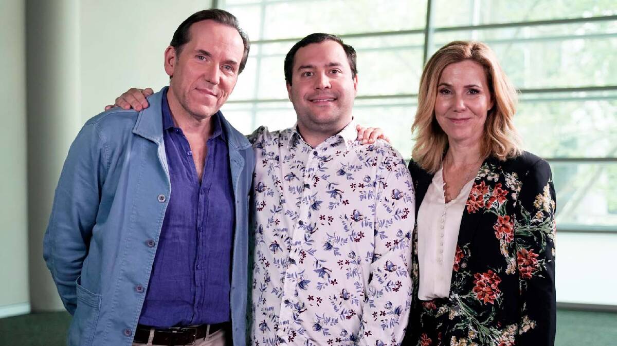 Michael Theo, centre, with his Austin co-stars Ben Miller and Sally Phillips. Picture by ABC