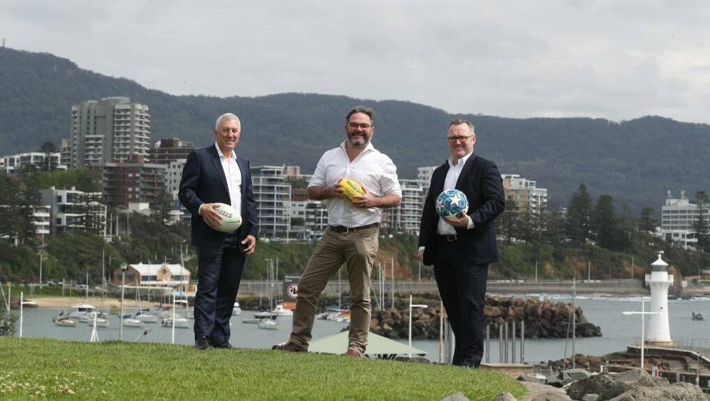 Departing IAS chief executive John Armstrong (left) with Mercury sports editor Tim Barrow and Illawarra Credit Union chief Anthony Perkiss. Picture by Robert Peet