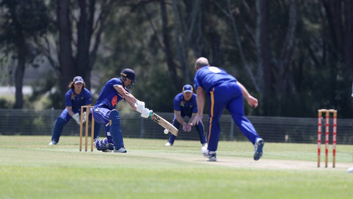 Jack McDonald, pictured here batting against Kiama on October 21, 2023, made 35 and took two wickets to help Shellharbour City beat Ex Servos on Saturday, November 4. Picture by Robert Peet