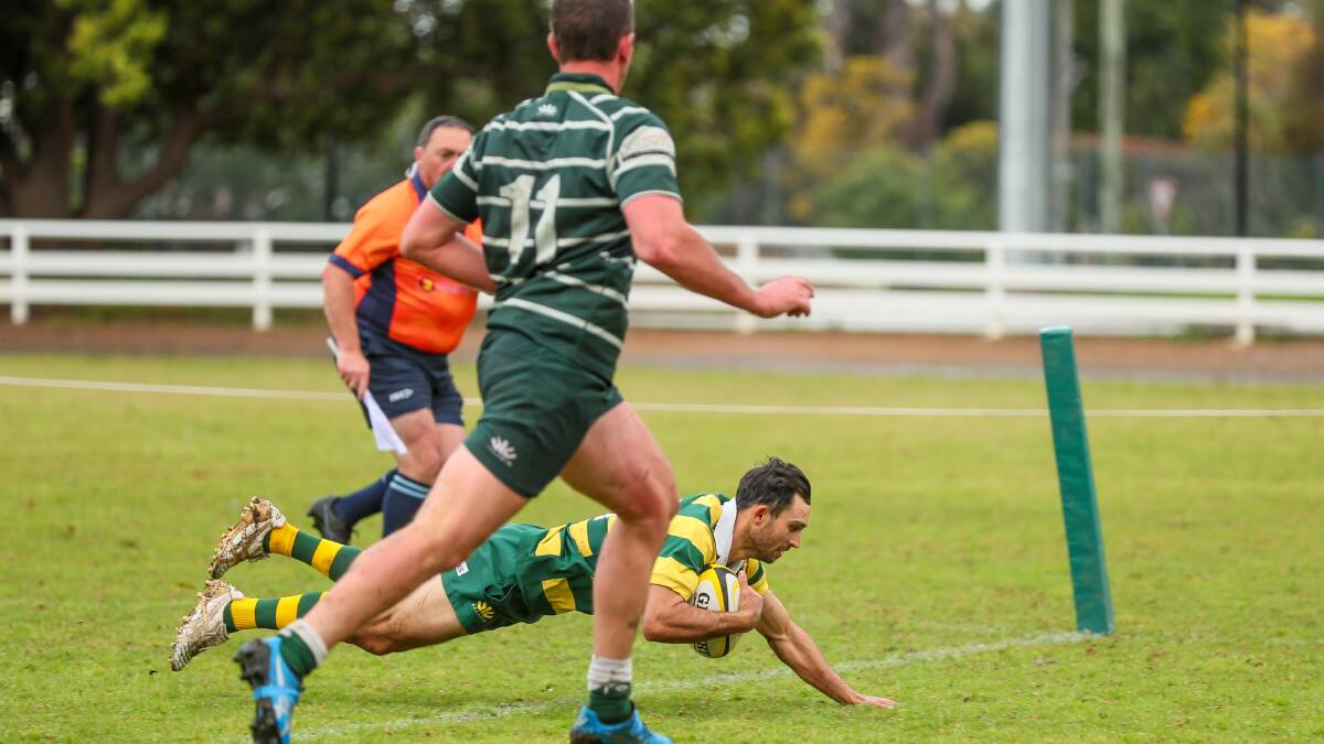 Mark Brandon crosses for the first try as Shoalhaven beat Shamrocks 22-0 at Nowra Showground. Picture: Paul Davidson