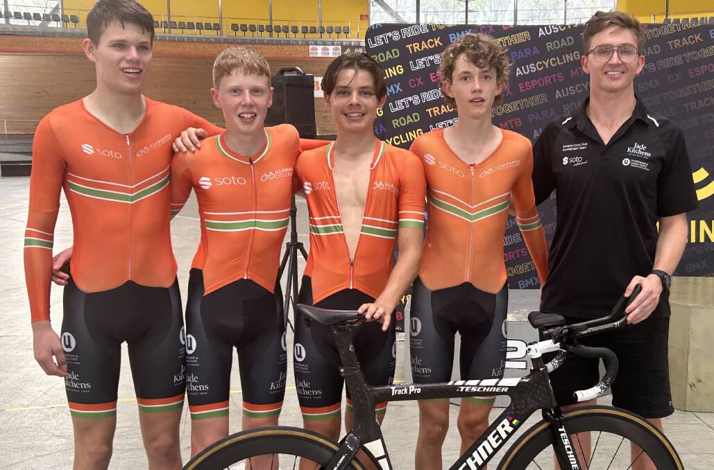 Illawarra Cycle Club's champion under 17 team Charles Alcock, Gabriel Jacobsen, Tom Irons and Jude Williams with their coach Jackson Law. Picture supplied