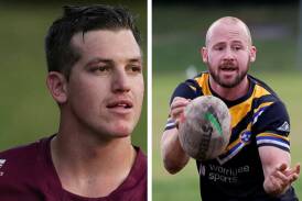 Albion Park Oak Flats Eagles forward Joshua Sainsbury and Nowra-Bomaderry Jets player-coach Adam Quinlan. Pictures by Sylvia Liber and Robert Peet
