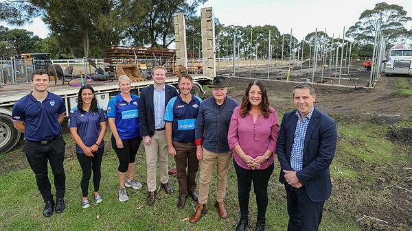 Daniel Solway from Cricket NSW, Butchers duo Janelle Roby and Monique Sorge, Wollongong councillor Cameron Walters, Butchers junior club president Mick Allen, Lord Mayor Gordon Bradbery, Member for Cunningham Alison Byrnes and Member for Keira Ryan Park at Hollyumount Park. Picture by Adam McLean
