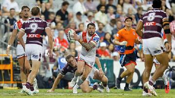 Jack Bird, pictured here playing against Manly at WIN Stadium earlier this month, will play his 150th NRL game when St George Illawarra takes on Cronulla at Shark Park on Sunday. Picture by Anna Warr