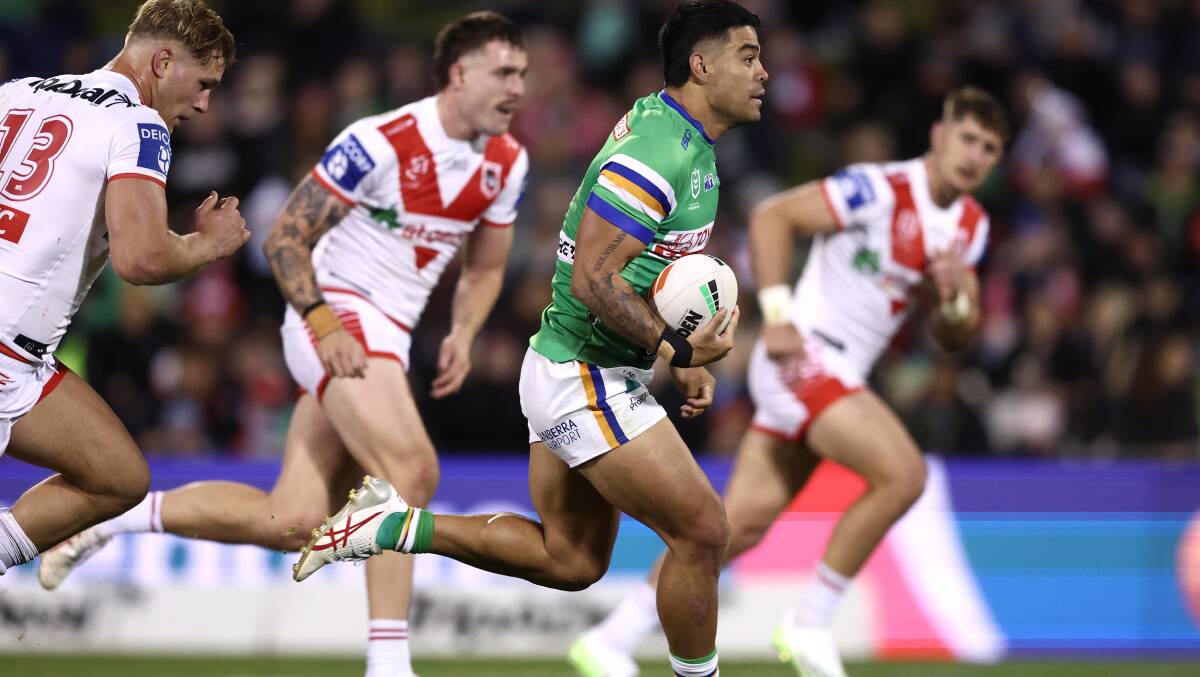 Canberra Raiders centre Matthew Timoko scored two tries for his team in their 34-26 victory over the Dragons at WIN Stadium on Friday night. Picture by Matt King/Getty Images