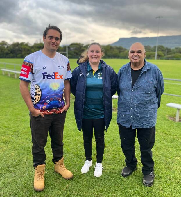 Illawarra rugby ref Tyson McEvoy, Rugby Australia head of inclusion Amy Perrett and Uncle Kevin Butler.