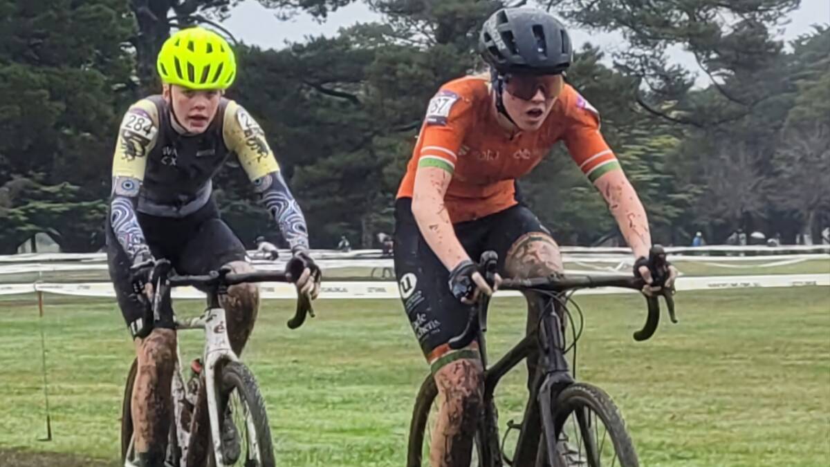 Illawarra rider Lucy Allen (orange) won the Australian Under 15 Cyclo-cross National Championships ahead of Western Australian cyclist Alicia Reynolds. Picture supplied.