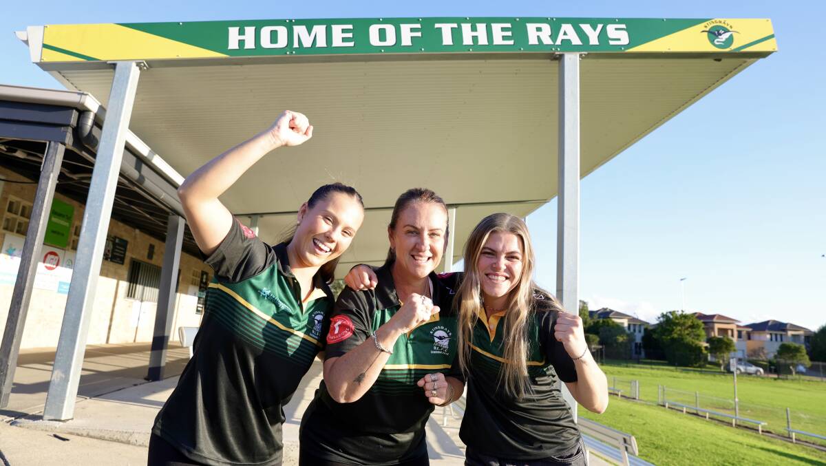 Tayla Davis, Donna Singleton and Riley Scott celebrate news that the Stingrays RLFC facilities at Flinders Oval will receive $1,857,250 to build a new female-friendly amenities building for players and referees. Picture by Sylvia Liber
