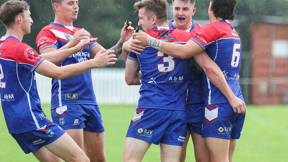 Gerringong Lions players celebrate scoring a try in their Interclub Challenge victory over Thirroul Butchers Picture by Adam McLean