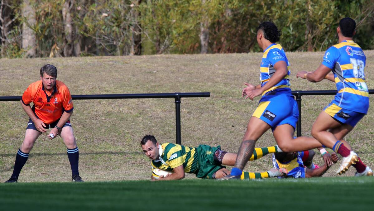 Keiran Brandon crosses for his first of three tries in Shoalhaven's 42-19 victory over Avondale. Picture by Sylvia Liber