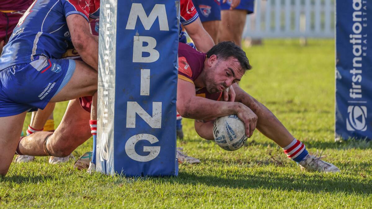 Shellharbour Sharks prop Matt Nicholson barges over for a try in his team's 22-4 win over Gerringong Lions at Michael Cronin Oval on Saturday, May 25, 2024. Picture by Game Face Photography