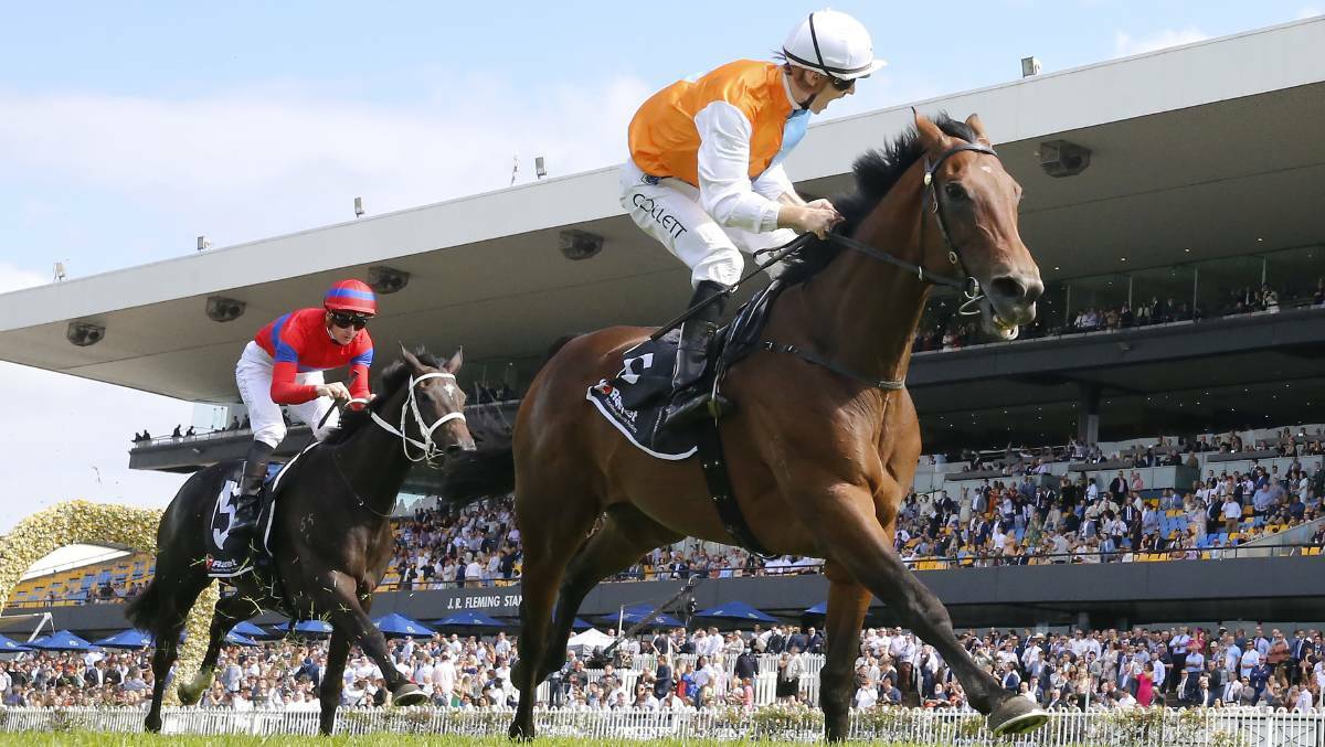 Montefilia, ridden by Jason Collett, beats Verry Elleegant in the Ranvet Stakes. Picture by Getty Images.