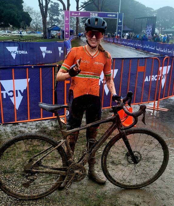 Illawarra rider Lucy Allen celebrates winning the Australian Under 15 Cyclo-cross National Championships. Picture supplied