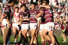 Jake Trbojevic of the Sea Eagles celebrates scoring a try during Manly's 30-14 win over St George Illawarra Dragons at 4 Pines Park on June 16, 2024,. Picture by Jeremy Ng/Getty Images