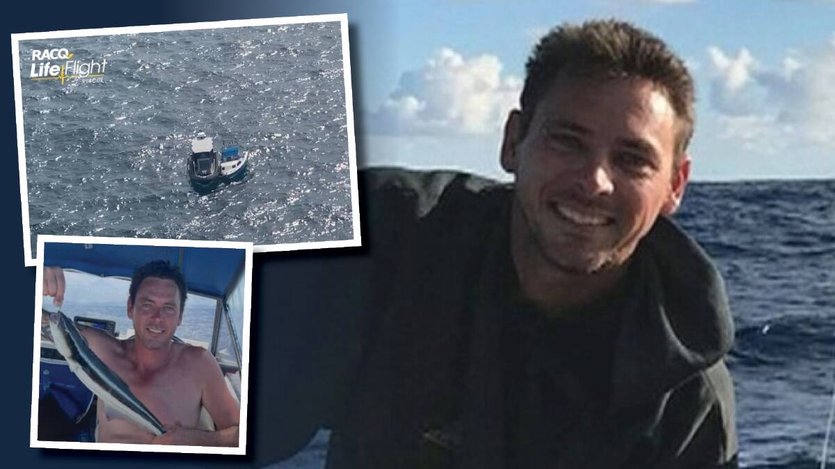 Matthew Balange as he appeared in posts to social media and, inset, the boat found off Queensland's Moreton Island on Monday. 