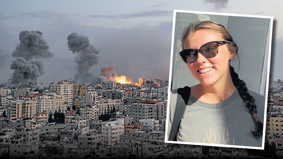 Kiri Crittenden, the empty streets of Jerusalem, and the rocket which was shot down by the Iron Dome. Main picture by AAP, inset supplied by Ms Crittenden.