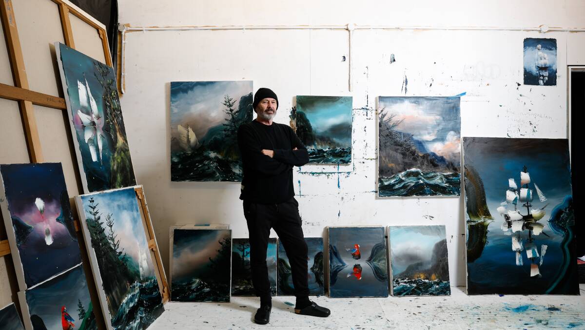 Paul Ryan in his studio with some of the paintings that form part of his new two-person exhibition New Paintings. Picture by Anna Warr