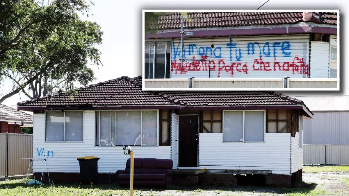 In December last year, some of the cladding had been ripped off Soster's house, exposing the structural beams and, inset, an offensive message painted on the side of property in Italian.
