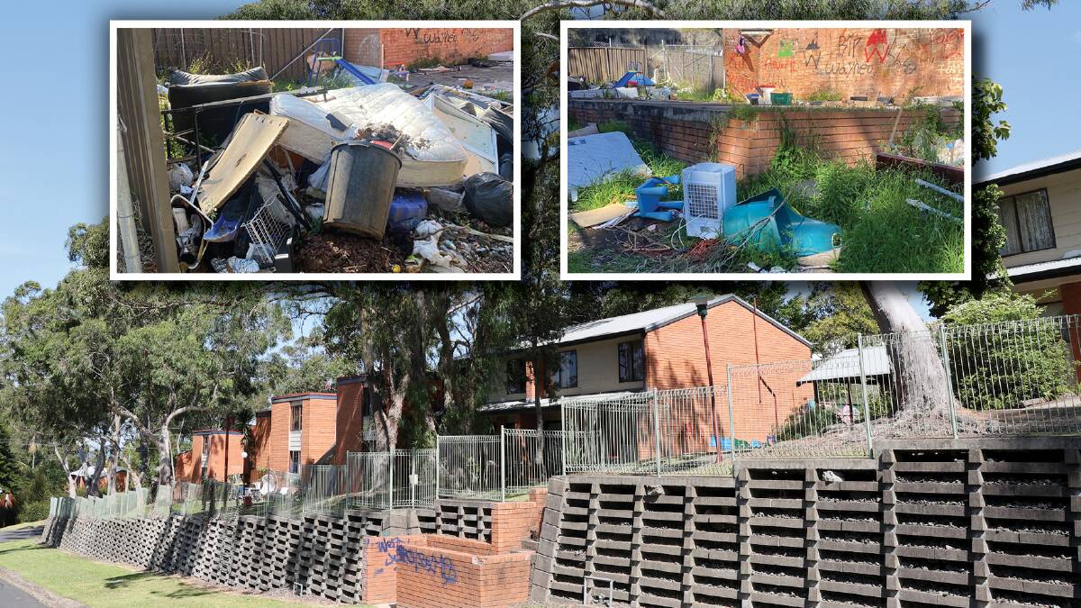 Tucker Avenue, and inset, rubbish dumped on a vacant block among the townhouses. Pictures by Sylvia Liber and supplied