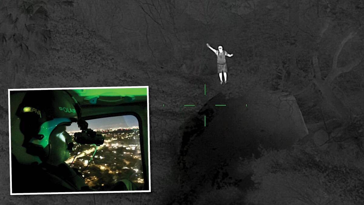 NSW Police PolAir Senior Sergeant Brett Degenhardt using night vision goggles that helped find (main) a missing bushwalker in the Royal National Park on May 26, 2024. Pictures supplied