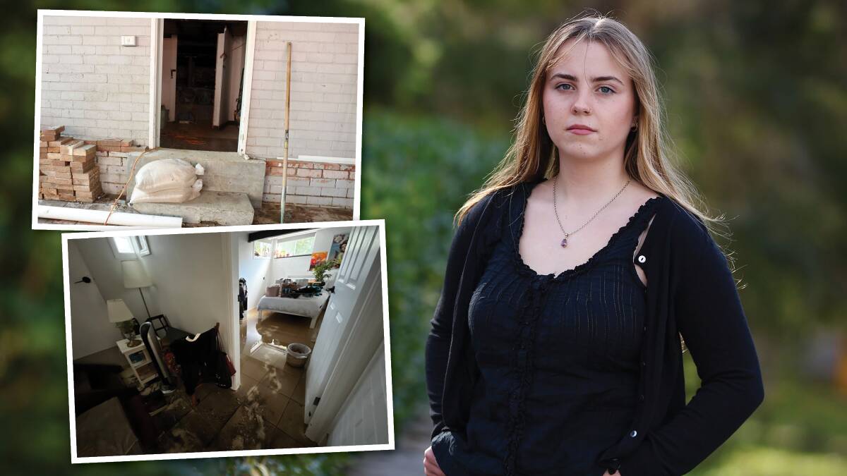 Charlotte, a second-year mechanical engineering student at UOW, a flooded room in her rental and recently installed concrete intended to prevent flooding at the property,