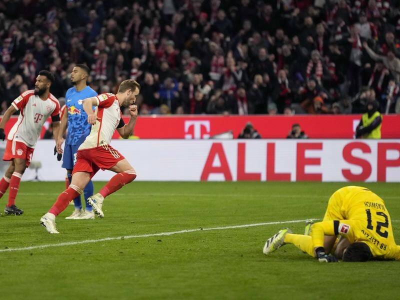 Bayern Munich's Harry Kane wheels away after scoring the winner against RB Leipzig. (AP PHOTO)