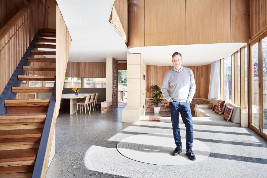 "Architecture is a soul-searching profession.": Peter Maddison is pictured in architect Tim Hill's Kensington curvy house, Melbourne. Picture: Rhiannon Slatter/Foxtel