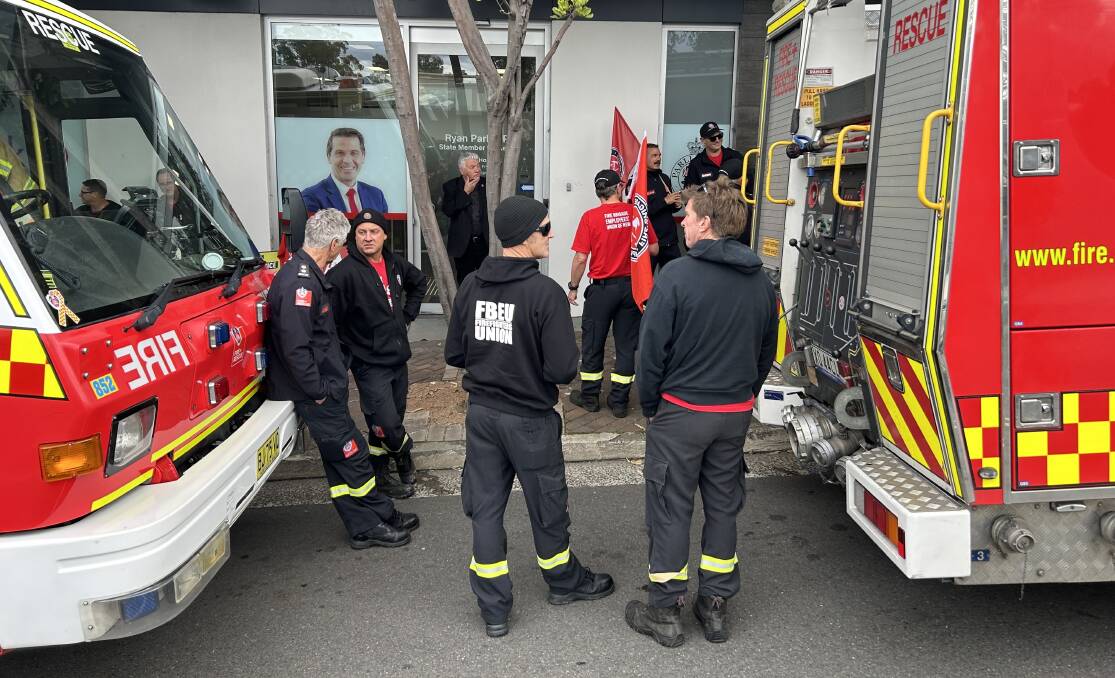 Fire and Rescue NSW firefighters at a rally outside Minister Ryan Park's Corrimal office on Friday, June 21, 2024. Pictures by Nadine Morton, FRNSW