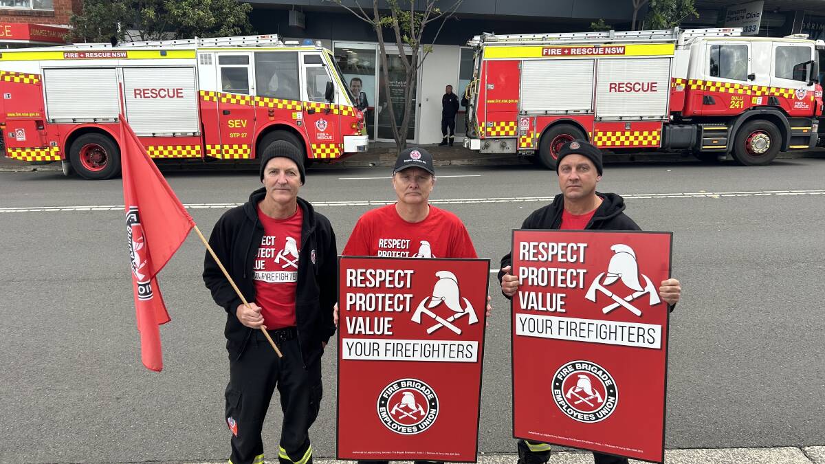 Wollongong firefighters and union members Peter Starling, Andrew Clark and Stuart James at a rally outside Minister Ryan Park's Corrimal office on Friday, June 21, 2024. Picture by Nadine Morton