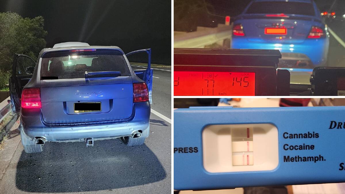 The Porsche Cayenne and Ford Falcon pulled over by police on Camden Bypass, with the driver of the Porsche testing positive to meth. Pictures by NSW Police