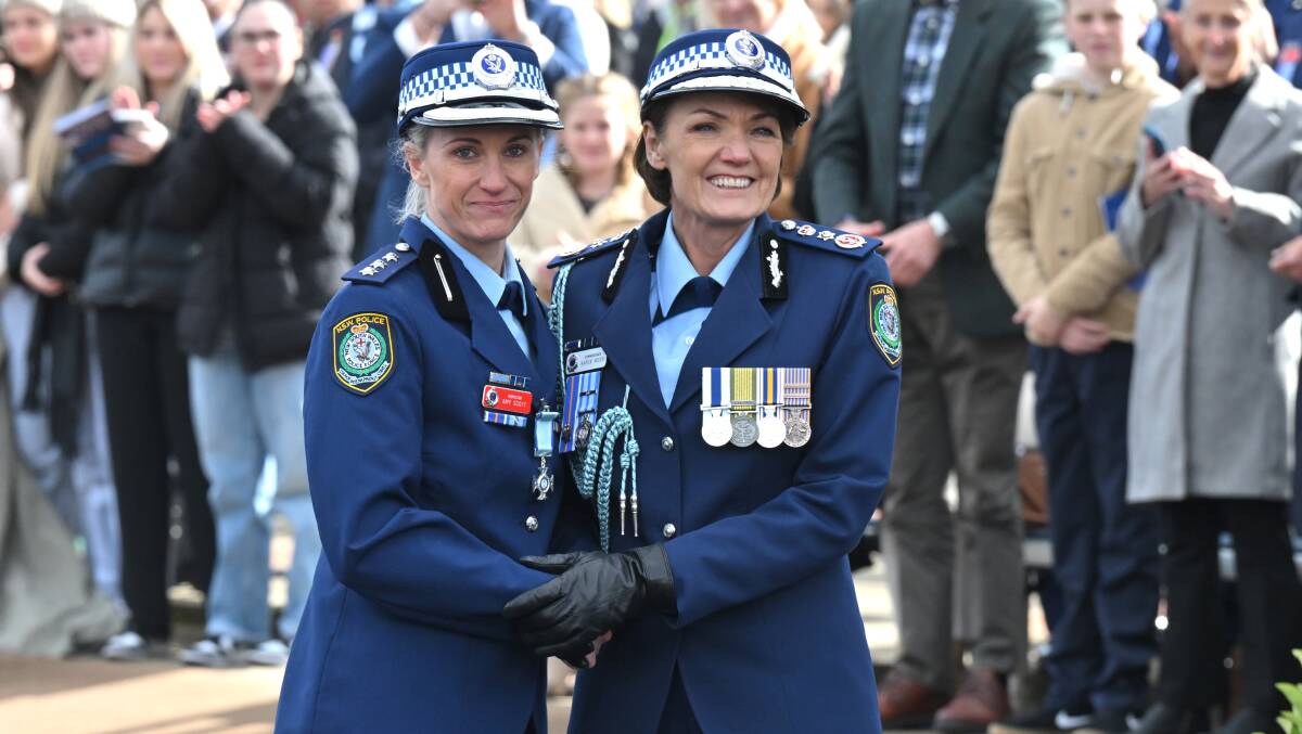 NSW Police Detective Inspector Amy Scott and Commissioner Karen Webb at the graduation of 169 new officers in Goulburn on Friday, June 21, 2024. Picture by AAP/Mick Tsikas