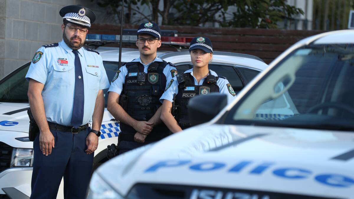 Inspector Luke Geradts, Constable Liam Azzopardi and Constable Kayla Green at Lake Illawarra Police Station on May 21, 2024. Picture by Robert Peet