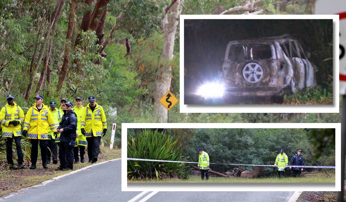 Police combed bushland at Waterfall after skeletal remains were found inside a burnt-out car on July 4. Main picture by Sylvia Liber