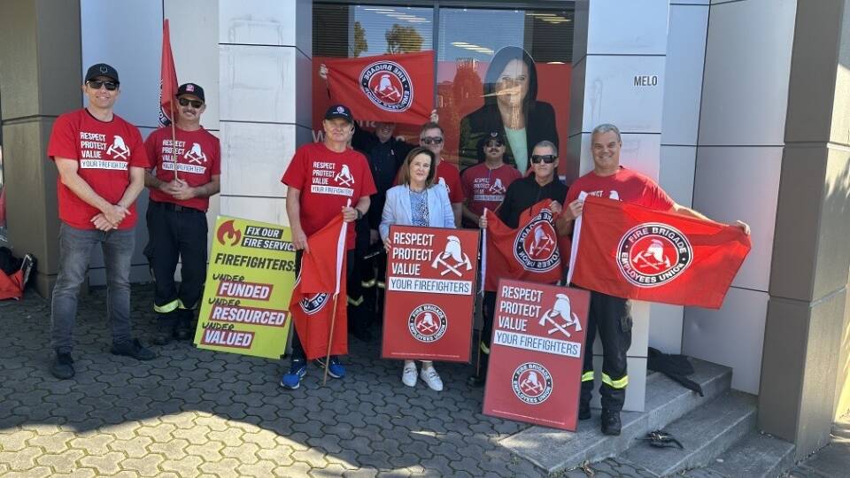 Fire and Rescue NSW firefighters rallying at the office of Shellharbour MP Anna Watson on Friday, June 28, 2024. Picture supplied