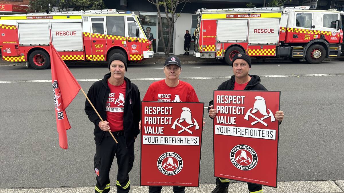 Wollongong firefighters and union members Peter Starling, Andrew Clark and Stuart James at a rally outside Minister Ryan Park's Corrimal office on Friday, June 21, 2024. Picture by Nadine Morton