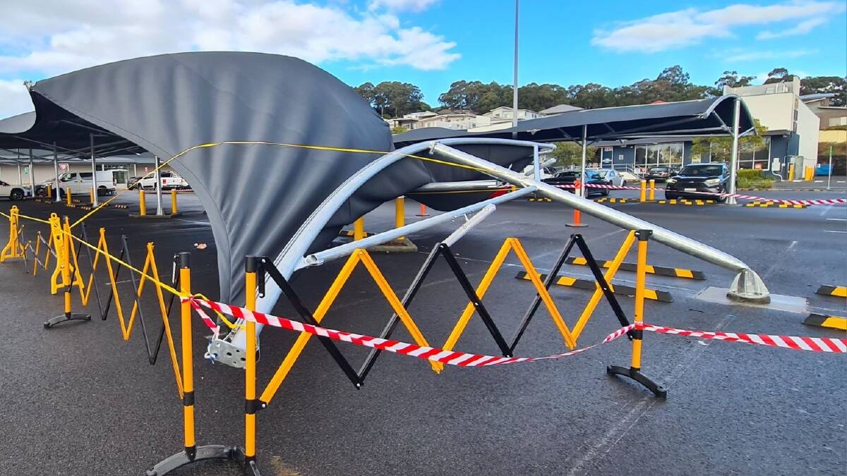 The damaged and broken awning in the car park at Woolworths Stoney Range in Shellharbour on Wednesday, July 3, 2024. Picture by Darren Malone