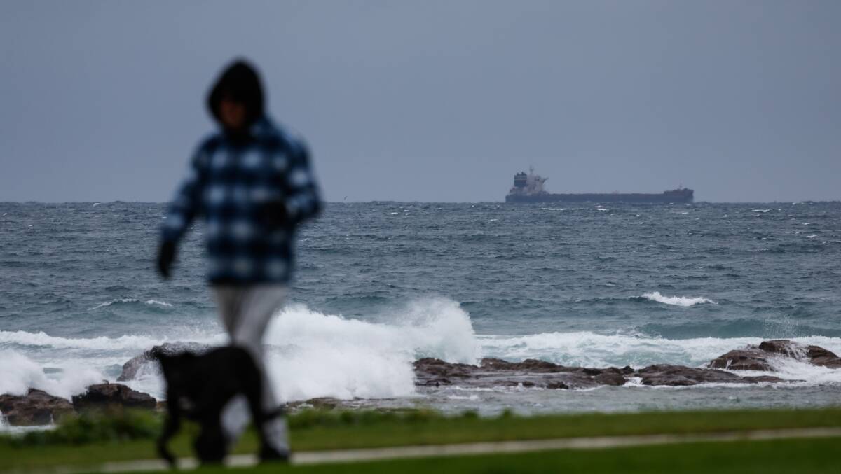 A person walking with a dog at Bulli during the cold winter weather. Picture by Anna Warr