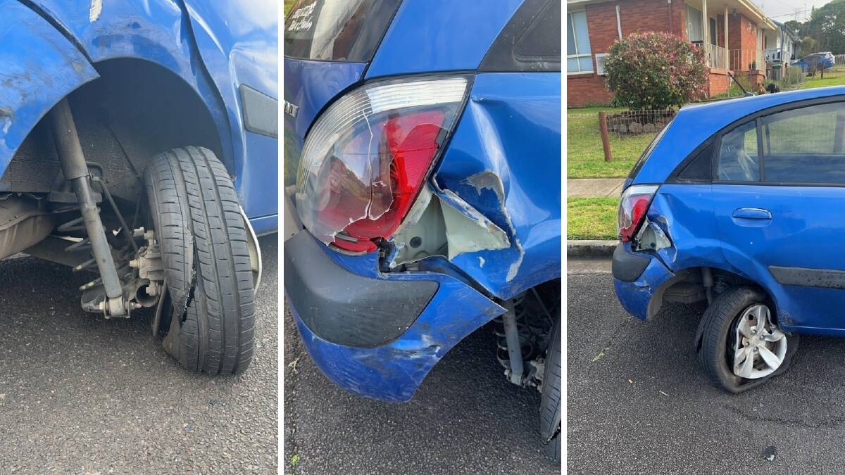 A car crashed and rolled into a parked vehicle in Walbon Crescent at Koonawarra on Tuesday, July 2, 2024. Pictures supplied