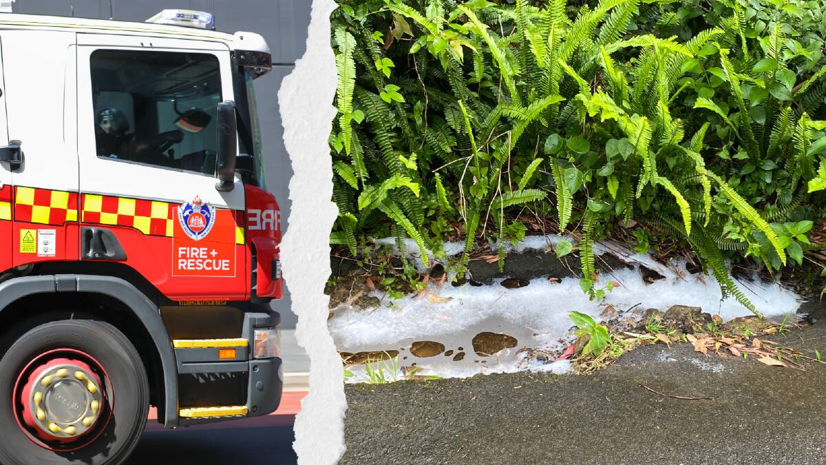 A fire truck and the filmy, bubbly substance that prompted an emergency HAZMAT call to Stanwell Park on Tuesday, November 21. Pictures by Adam McLean, FRNSW